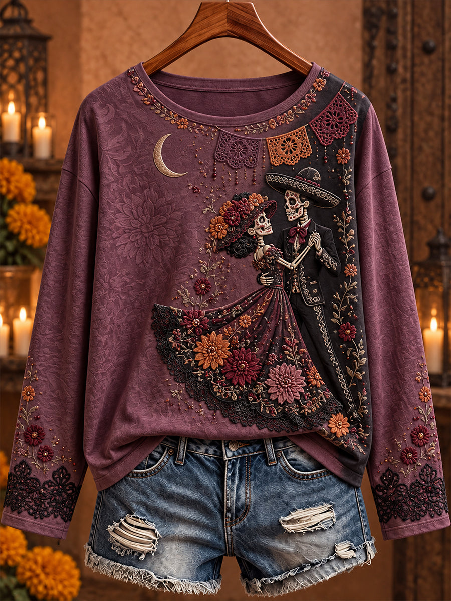 Camiseta estampada con arte floral del Día de los Muertos mexicano para mujer