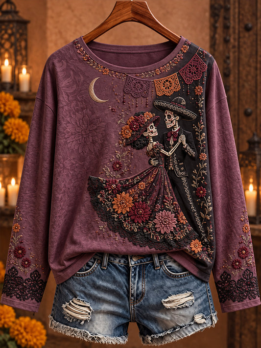 Camiseta estampada con arte floral del Día de los Muertos mexicano para mujer