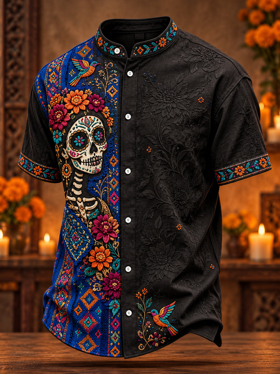 Camisa para hombre con estampado floral de Día de Muertos mexicano