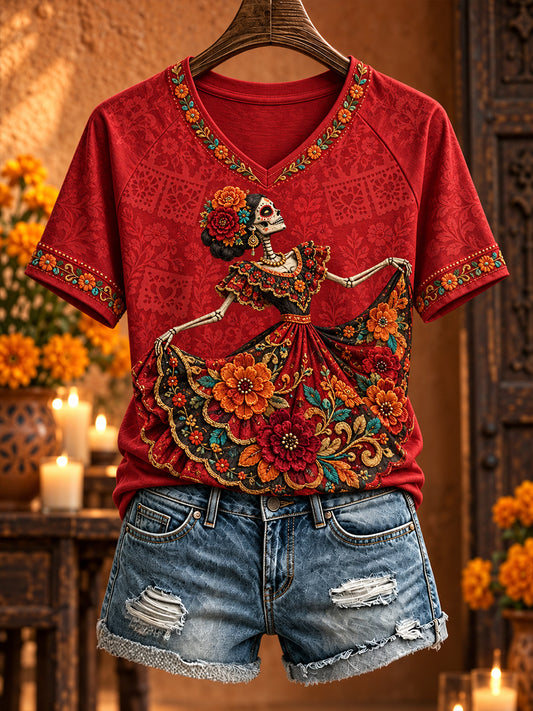 Camiseta estampada con arte floral del Día de los Muertos mexicano para mujer