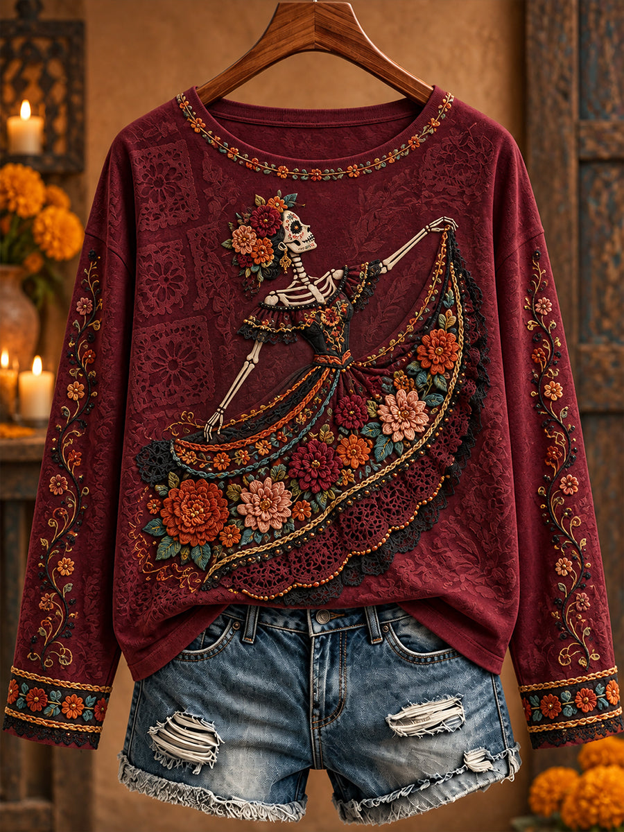 Camiseta estampada con arte floral del Día de los Muertos mexicano para mujer