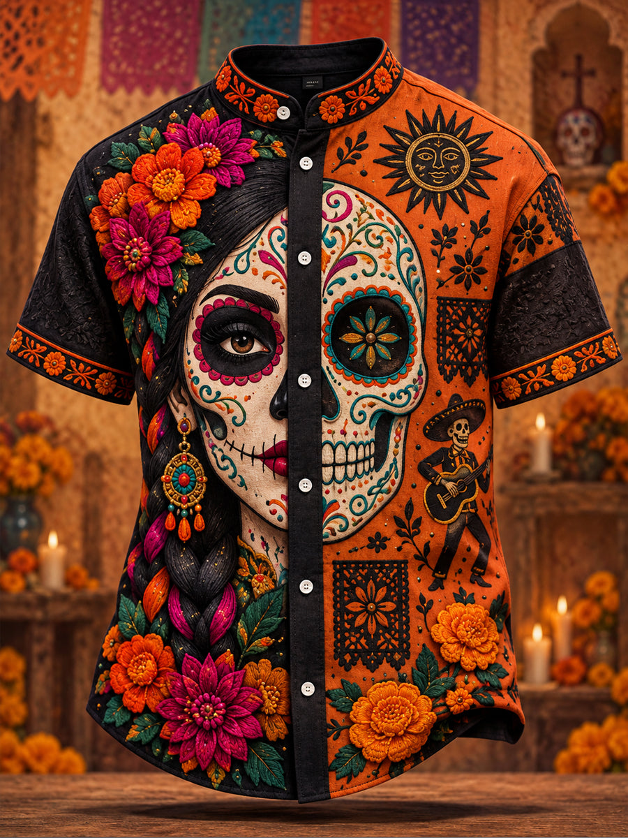 Camisa para hombre con estampado floral de Día de Muertos mexicano