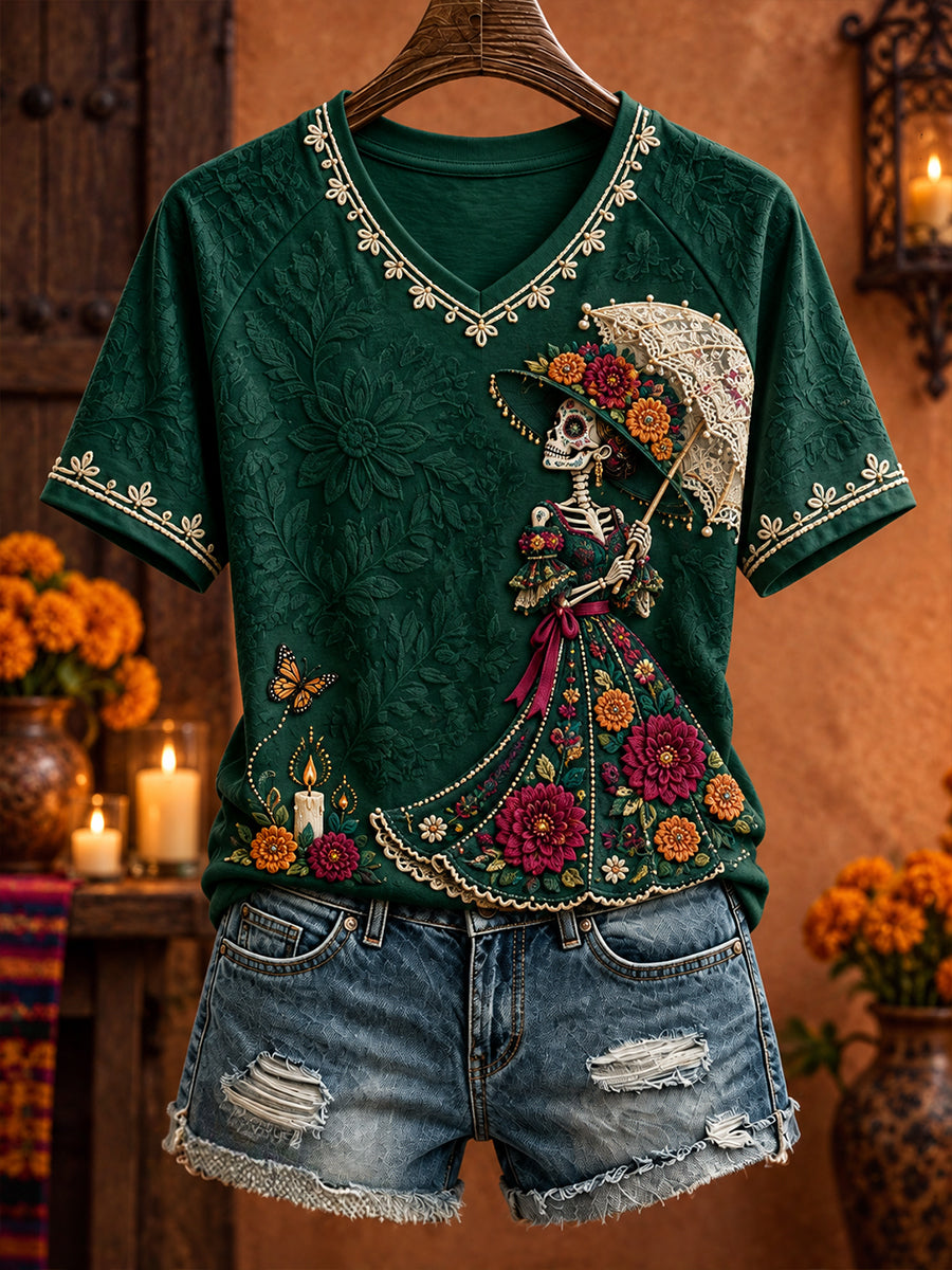 Camiseta estampada con arte floral del Día de los Muertos mexicano para mujer