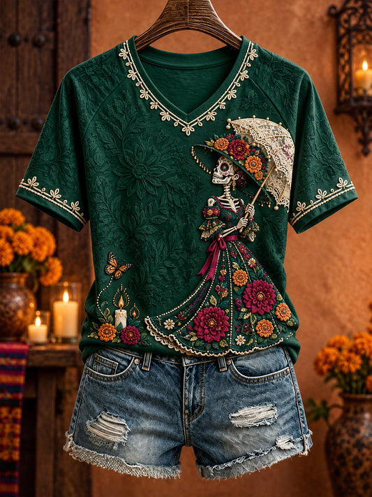 Camiseta estampada con arte floral del Día de los Muertos mexicano para mujer