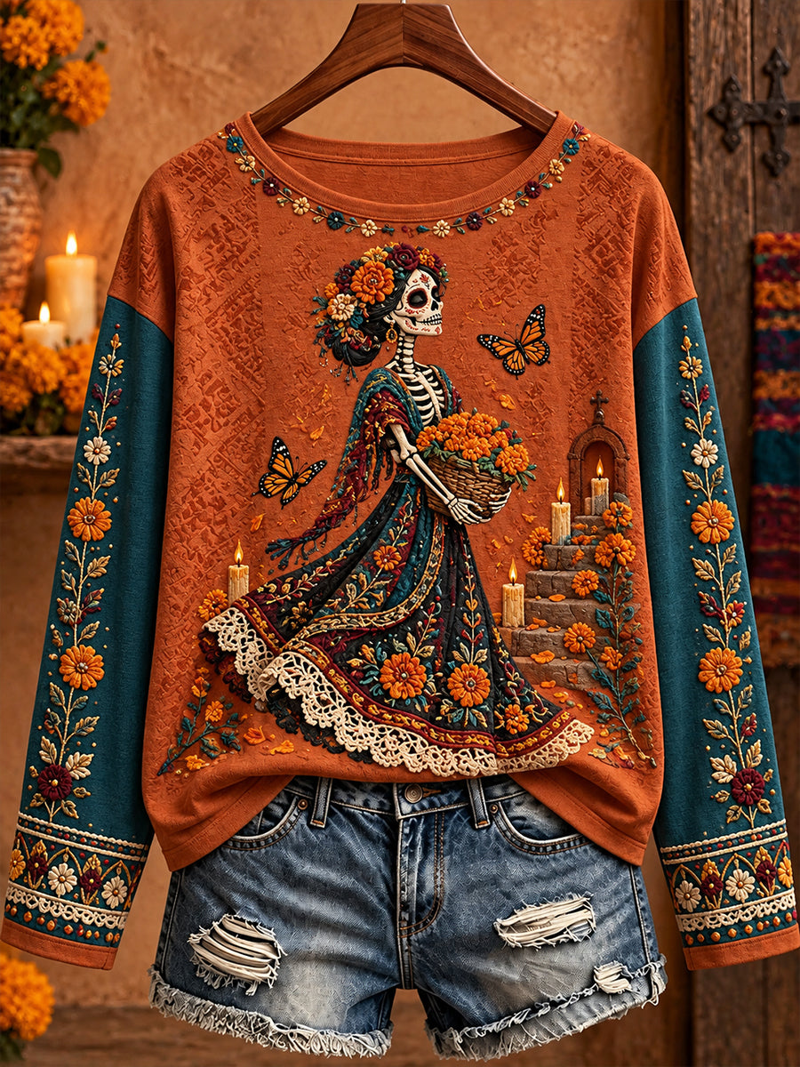 Camiseta estampada con arte floral del Día de los Muertos mexicano para mujer