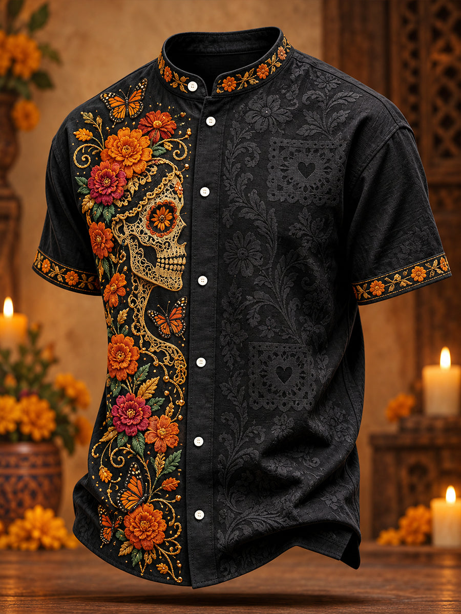 Camisa para hombre con estampado floral de Día de Muertos mexicano
