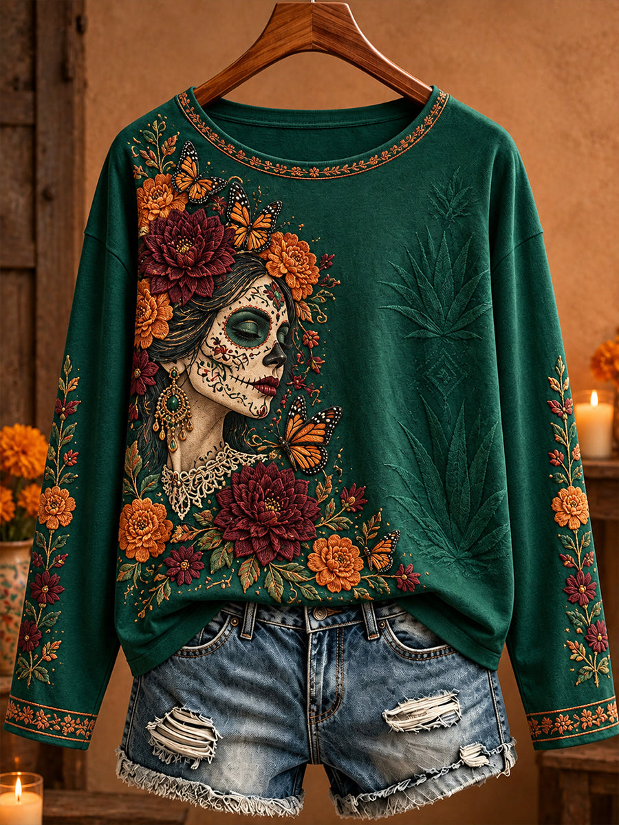 Camiseta estampada con arte floral del Día de los Muertos mexicano para mujer