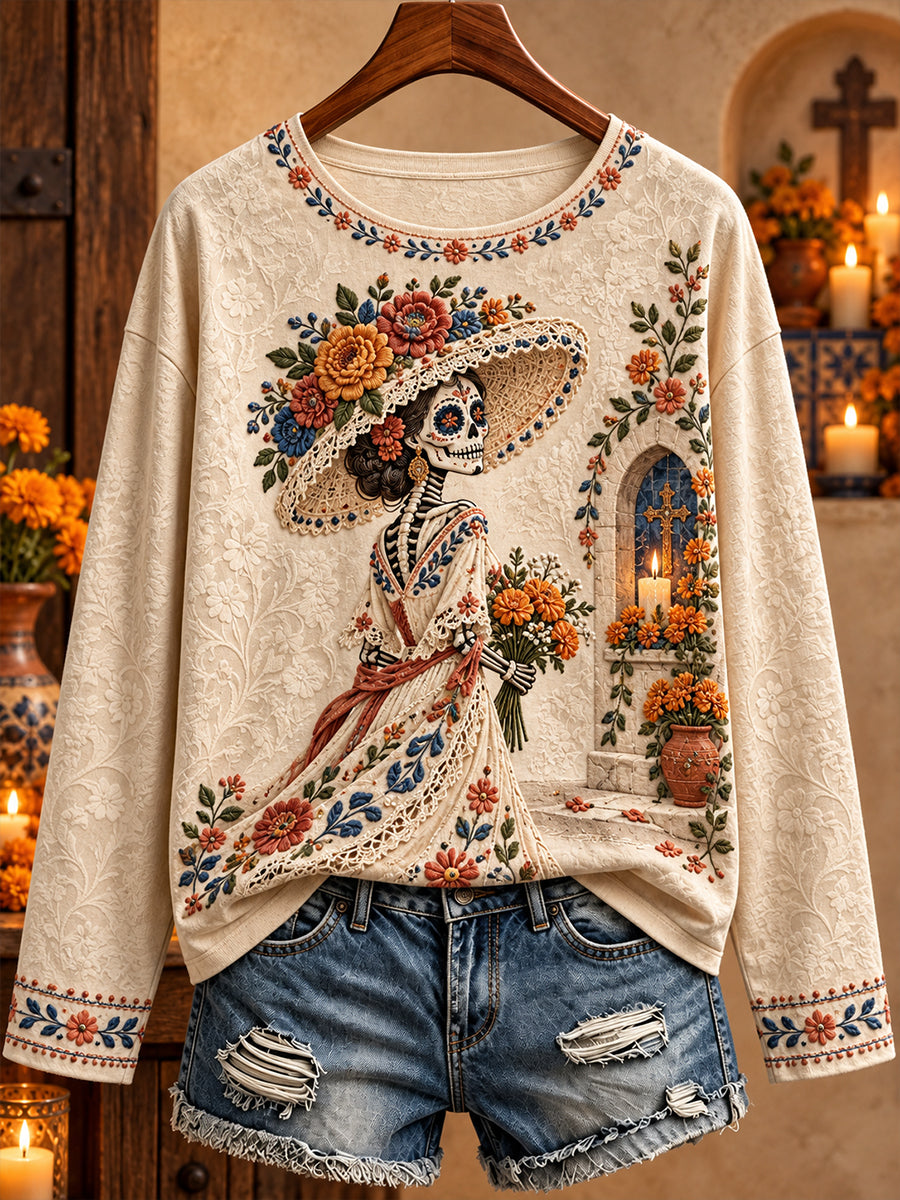 Camiseta estampada con arte floral del Día de los Muertos mexicano para mujer