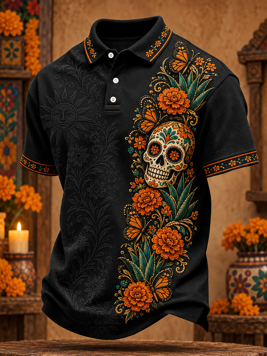 Camisetas casuales para hombre con estampado floral del Día de los Muertos de México