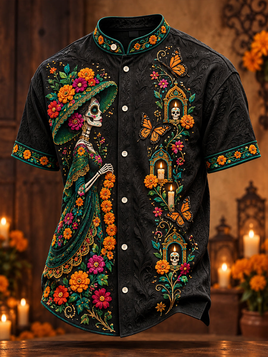 Camisa para hombre con estampado floral de Día de Muertos mexicano
