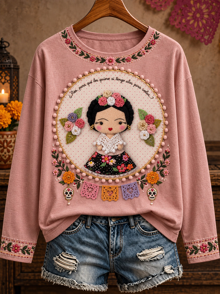 Camiseta estampada con diseño floral de la muñeca Lele mexicana para mujer