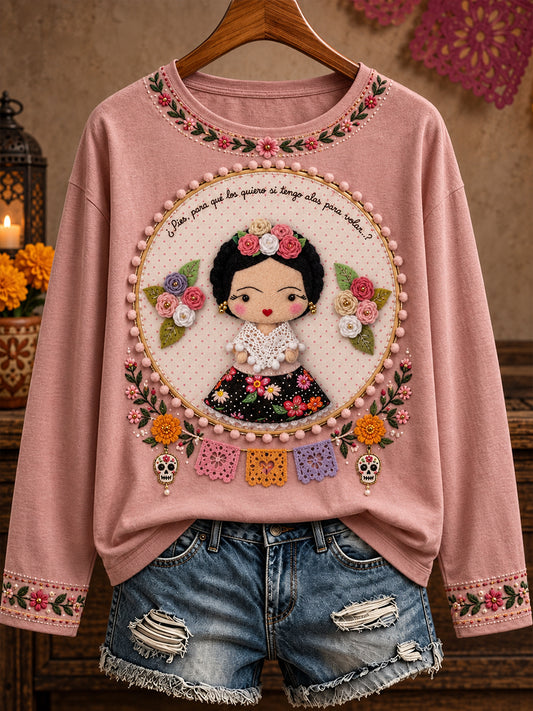 Camiseta estampada con diseño floral de la muñeca Lele mexicana para mujer