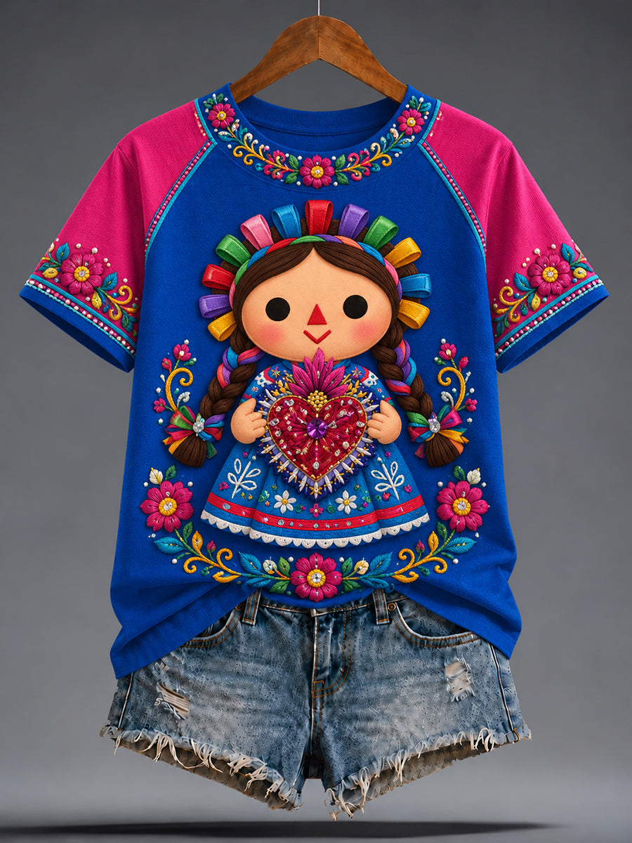 Camiseta estampada con diseño floral de la muñeca Lele mexicana para mujer