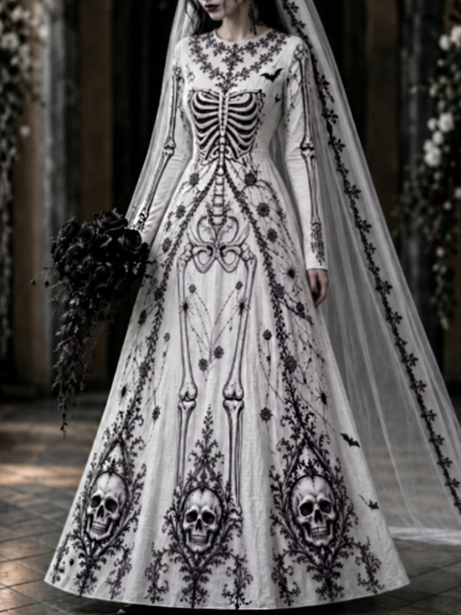 Vestido maxi gótico retro del arte esquelético de Halloween de las mujeres