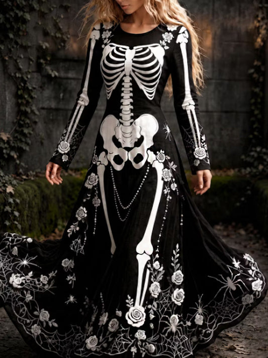 Retro gótico araña cráneo floral patrón Mixi vestido de Halloween de las mujeres