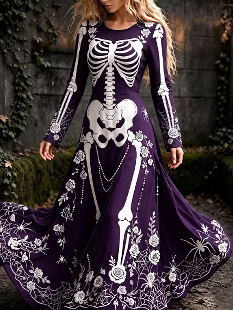 Retro gótico araña cráneo floral patrón Mixi vestido de Halloween de las mujeres