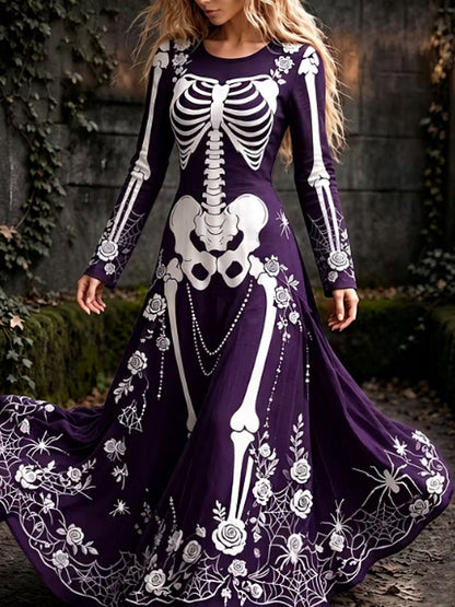 Retro gótico araña cráneo floral patrón Mixi vestido de Halloween de las mujeres