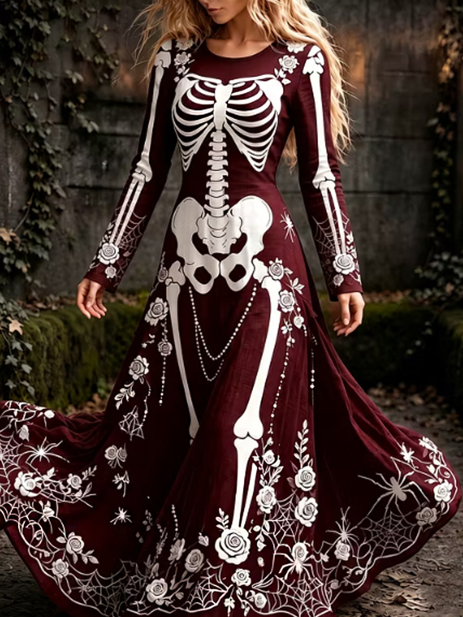 Retro gótico araña cráneo floral patrón Mixi vestido de Halloween de las mujeres