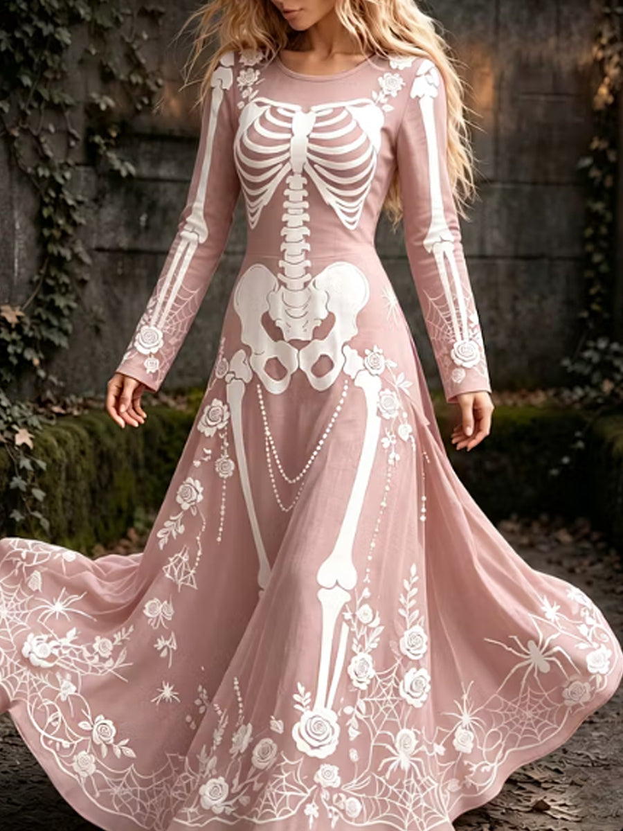 Retro gótico araña cráneo floral patrón Mixi vestido de Halloween de las mujeres