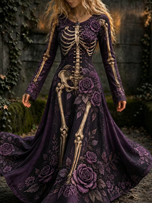 Retro de las mujeres Halloween gótico esqueleto y púrpura Rosa Flores patrón imprimir Maxi vestido