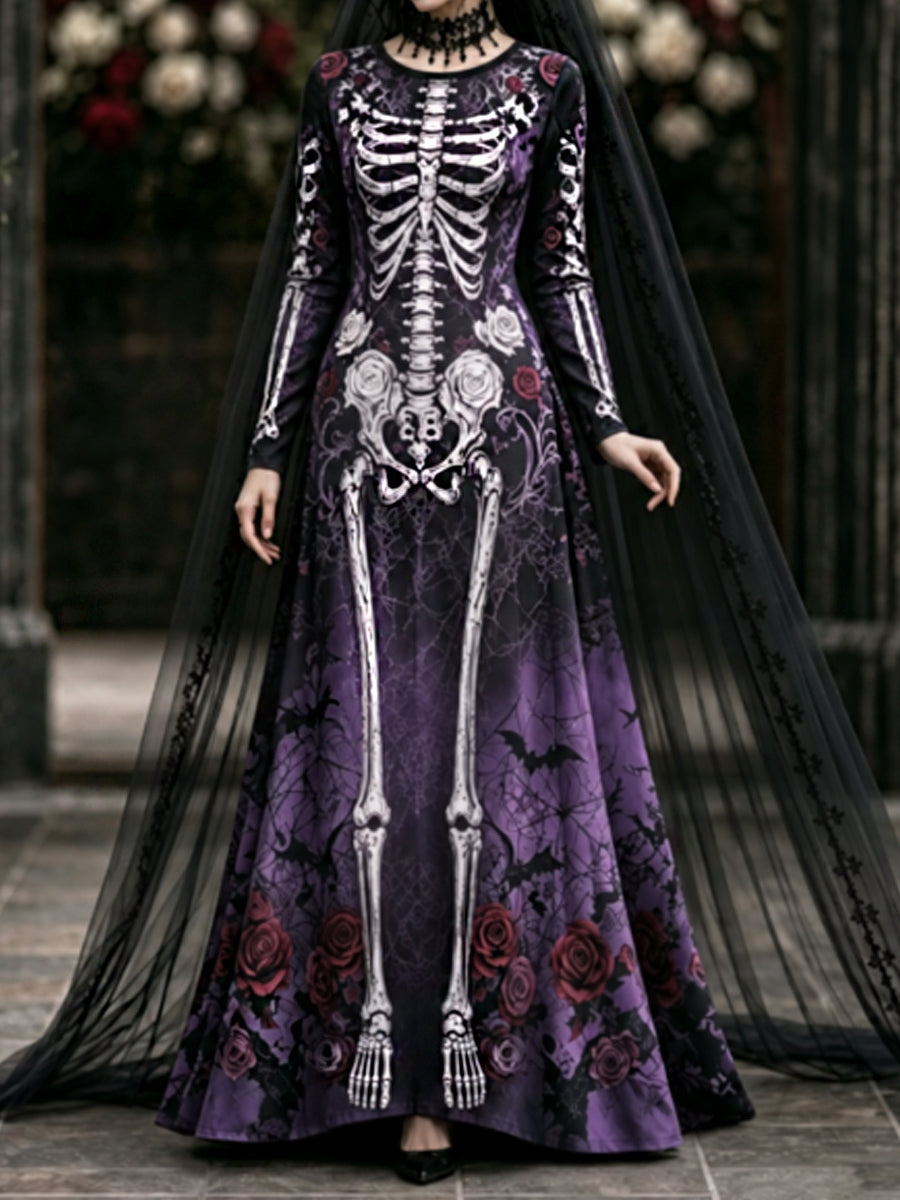 Vestido maxi gótico retro del arte floral del esqueleto de Halloween de las mujeres