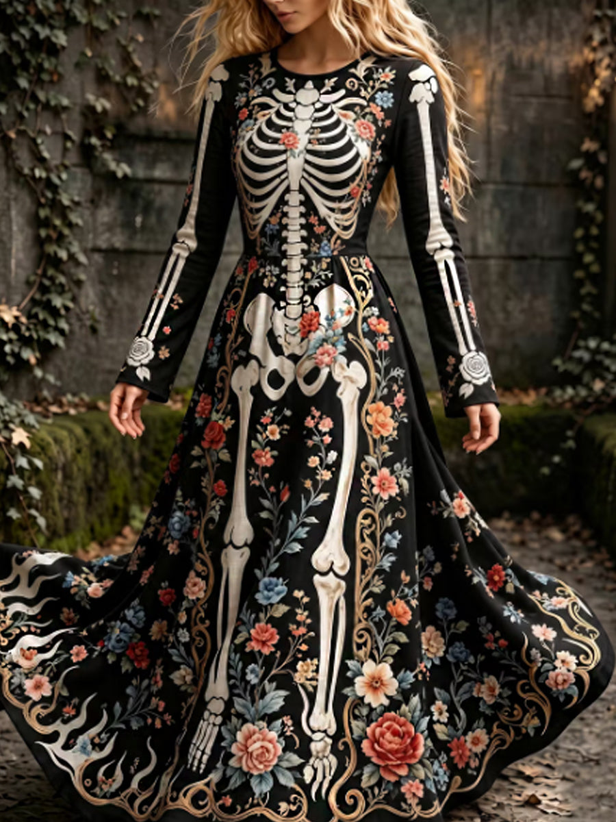 Esqueleto de Halloween de la vendimia de las mujeres y vestido maxi de manga larga de cuello redondo estampado de arte floral