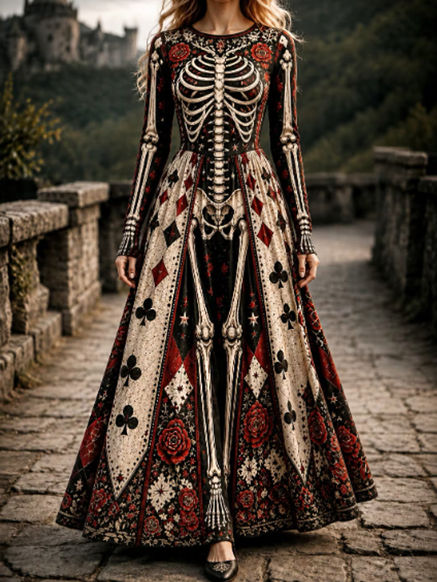 Mujeres de Halloween Gótico Esqueleto y Floral Poker Imprimir Patrón Maxi Vestido