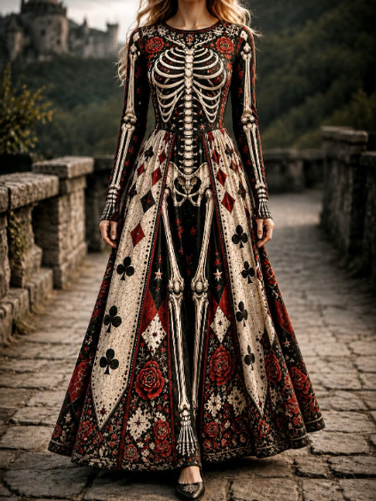 Mujeres de Halloween Gótico Esqueleto y Floral Poker Imprimir Patrón Maxi Vestido