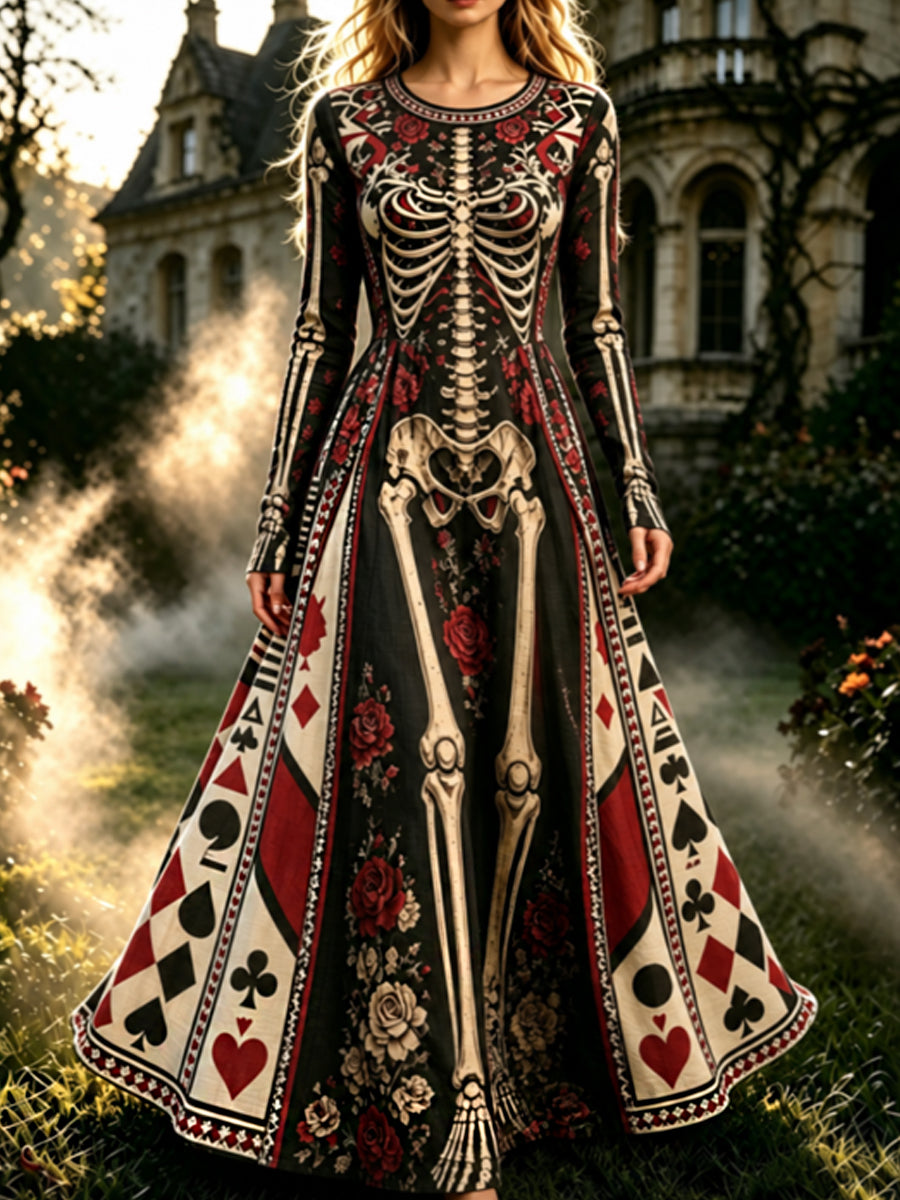 Mujeres Retro Halloween Gothic Skeleton Floral Poker Patrón Imprimir Maxi Vestido