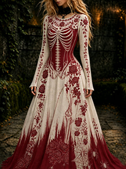 Esqueleto gótico retro de las mujeres y vestido maxi de Halloween del patrón de Rose