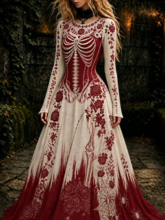 Esqueleto gótico retro de las mujeres y vestido maxi de Halloween del patrón de Rose
