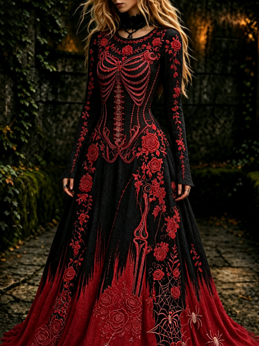 Esqueleto gótico retro de las mujeres y vestido maxi de Halloween del patrón de Rose