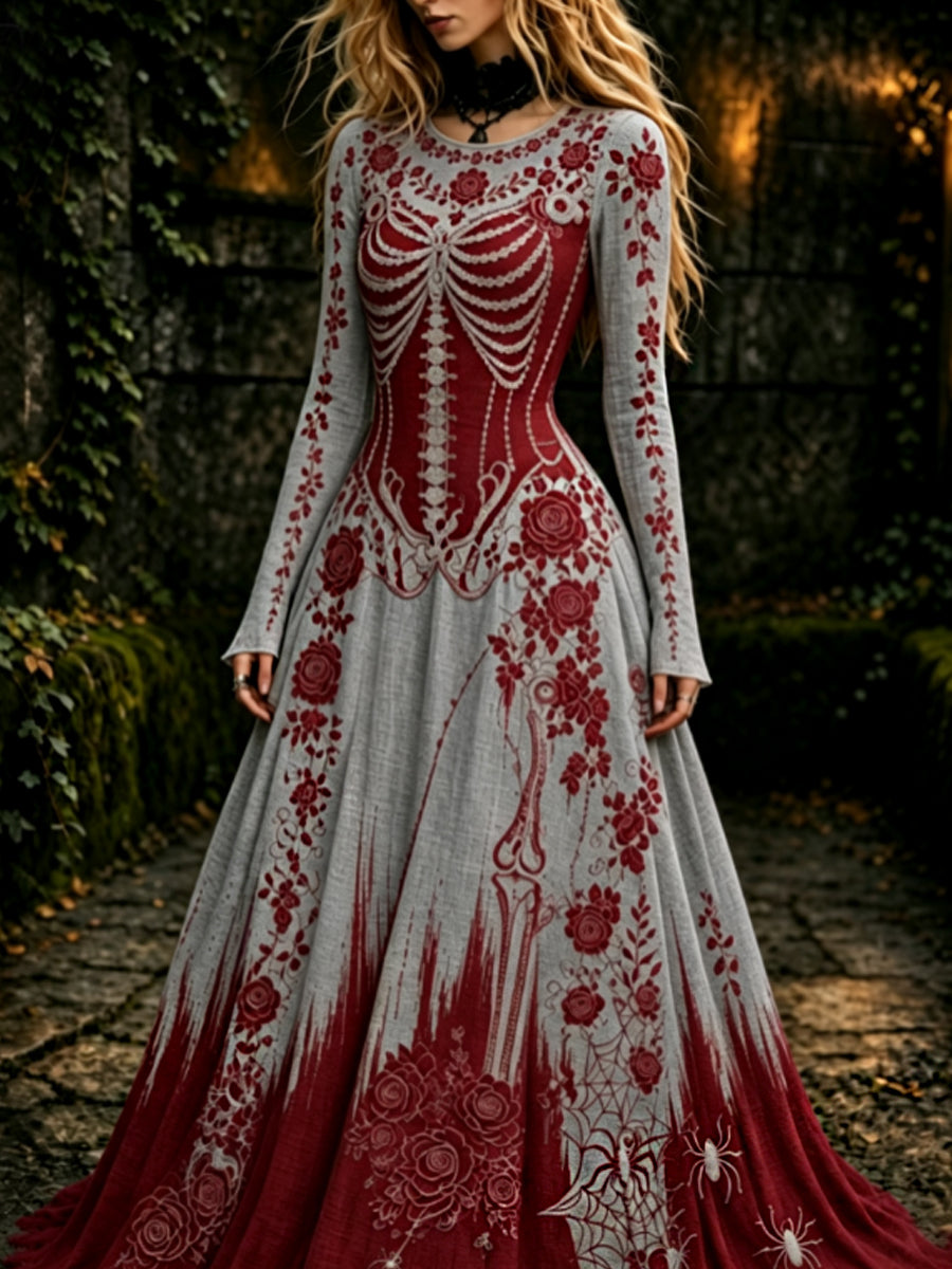 Esqueleto gótico retro de las mujeres y vestido maxi de Halloween del patrón de Rose