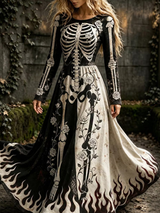 De las mujeres de la vendimia de Halloween bloque de color esqueleto y arte floral impresión cuello redondo manga larga vestido maxi