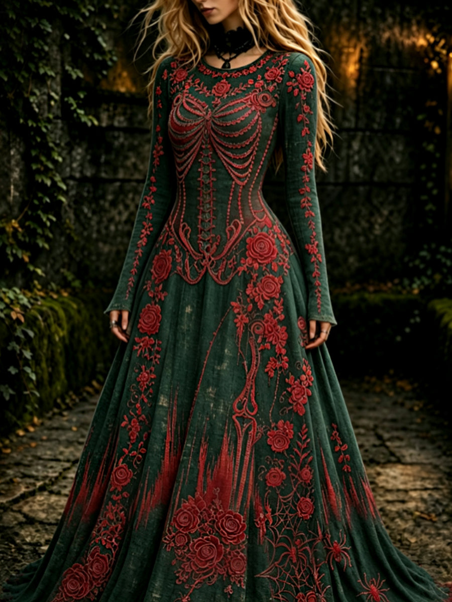 Esqueleto gótico retro de las mujeres y vestido maxi de Halloween del patrón de Rose
