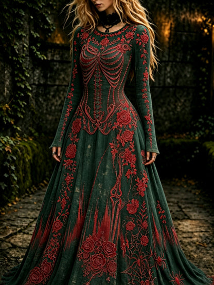 Esqueleto gótico retro de las mujeres y vestido maxi de Halloween del patrón de Rose