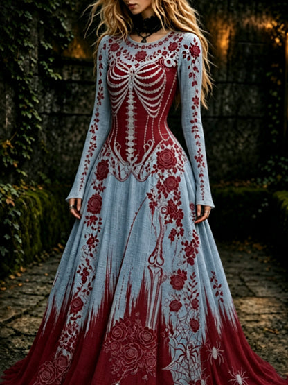 Esqueleto gótico retro de las mujeres y vestido maxi de Halloween del patrón de Rose