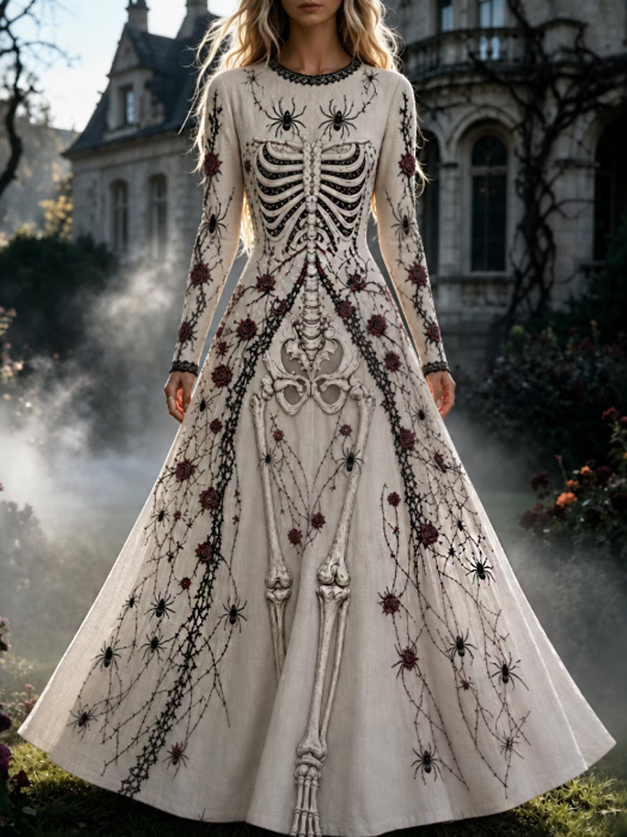 Vestido de Halloween maxi gótico retro del patrón floral del cráneo de las mujeres