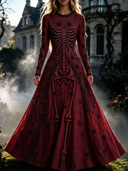 Vestido de Halloween maxi gótico retro del patrón floral del cráneo de las mujeres