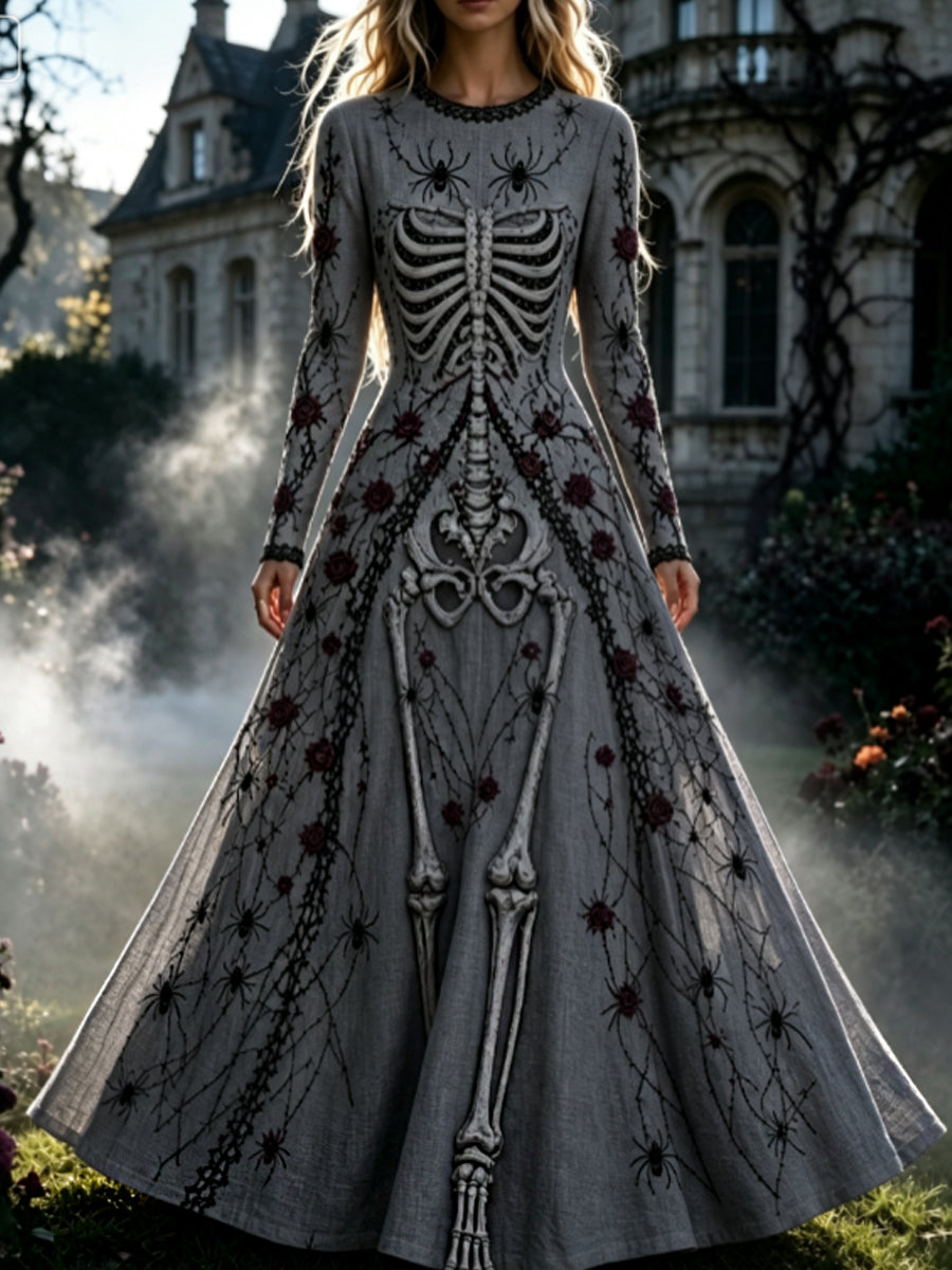 Vestido de Halloween maxi gótico retro del patrón floral del cráneo de las mujeres