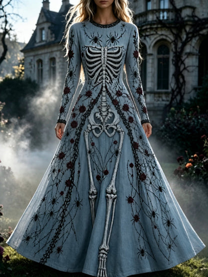 Vestido de Halloween maxi gótico retro del patrón floral del cráneo de las mujeres