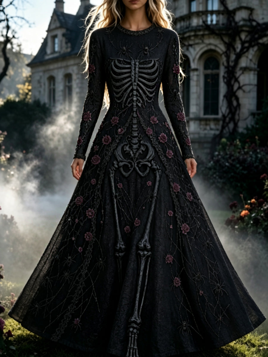 Vestido de Halloween maxi gótico retro del patrón floral del cráneo de las mujeres