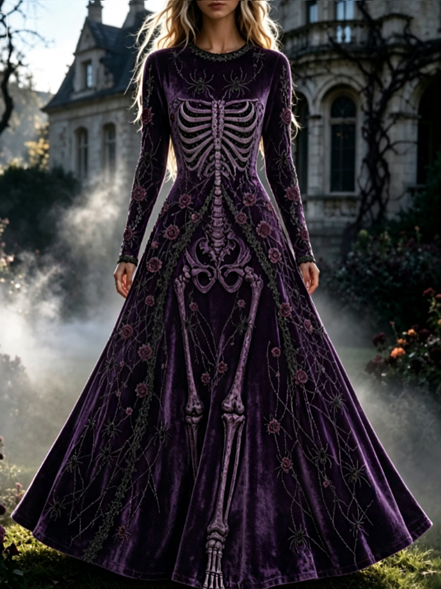 Vestido de Halloween maxi gótico retro del patrón floral del cráneo de las mujeres