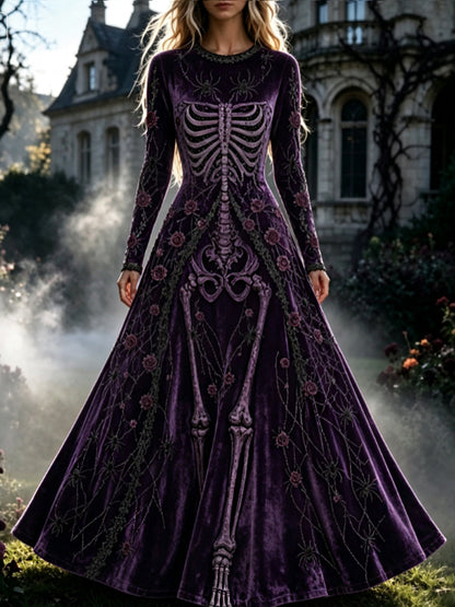 Vestido de Halloween maxi gótico retro del patrón floral del cráneo de las mujeres