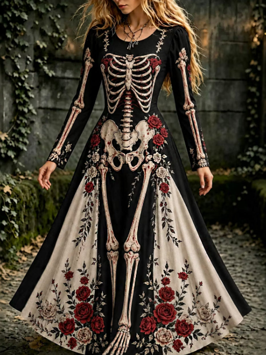 Vestido maxi de manga larga con esqueleto gótico y floral de Halloween para mujer