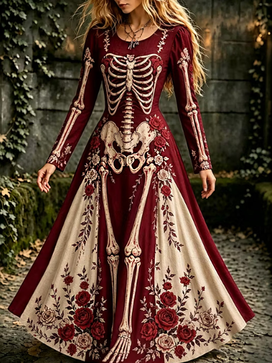 Vestido maxi de manga larga con esqueleto gótico y floral de Halloween para mujer