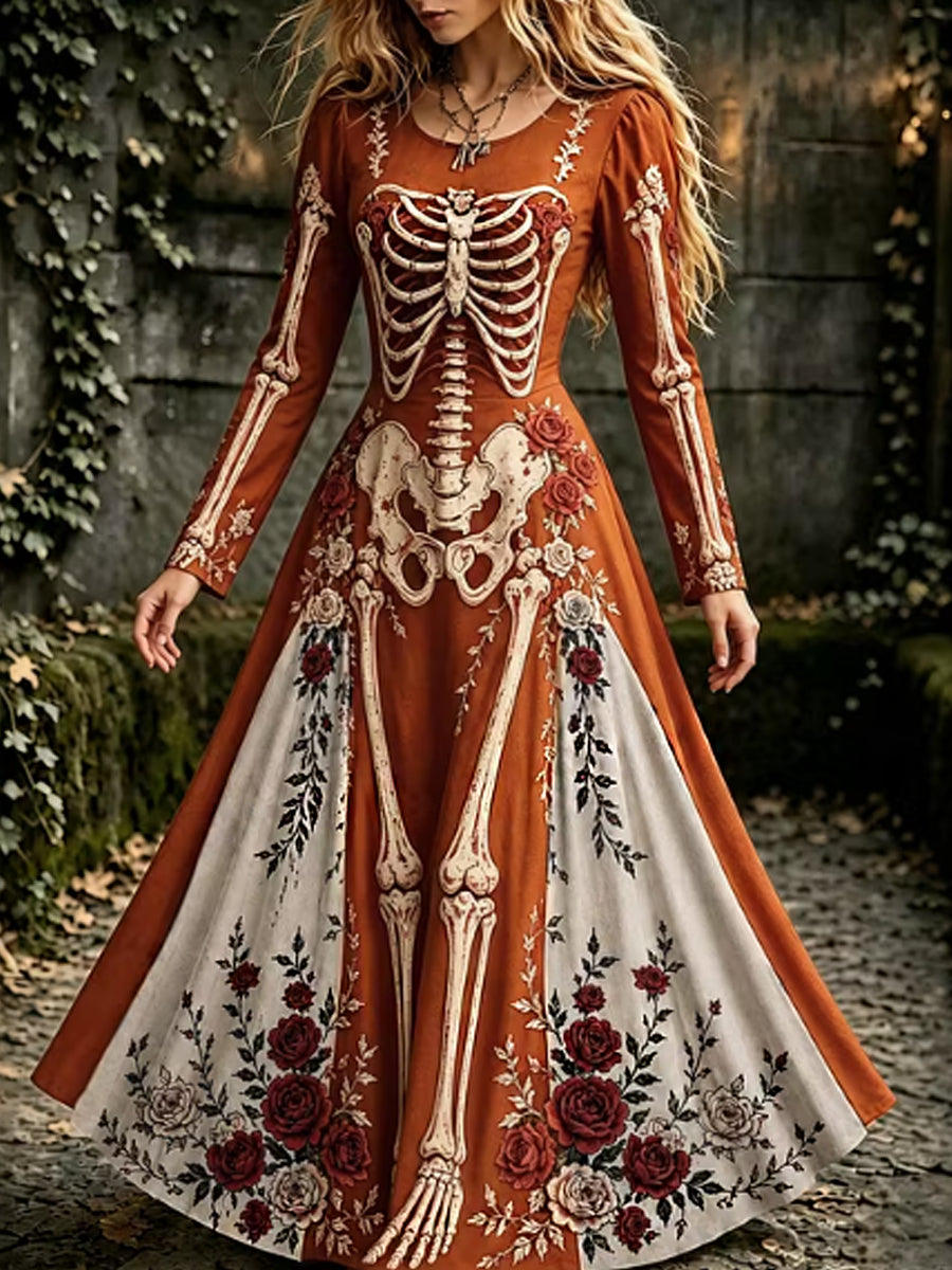 Vestido maxi de manga larga con esqueleto gótico y floral de Halloween para mujer