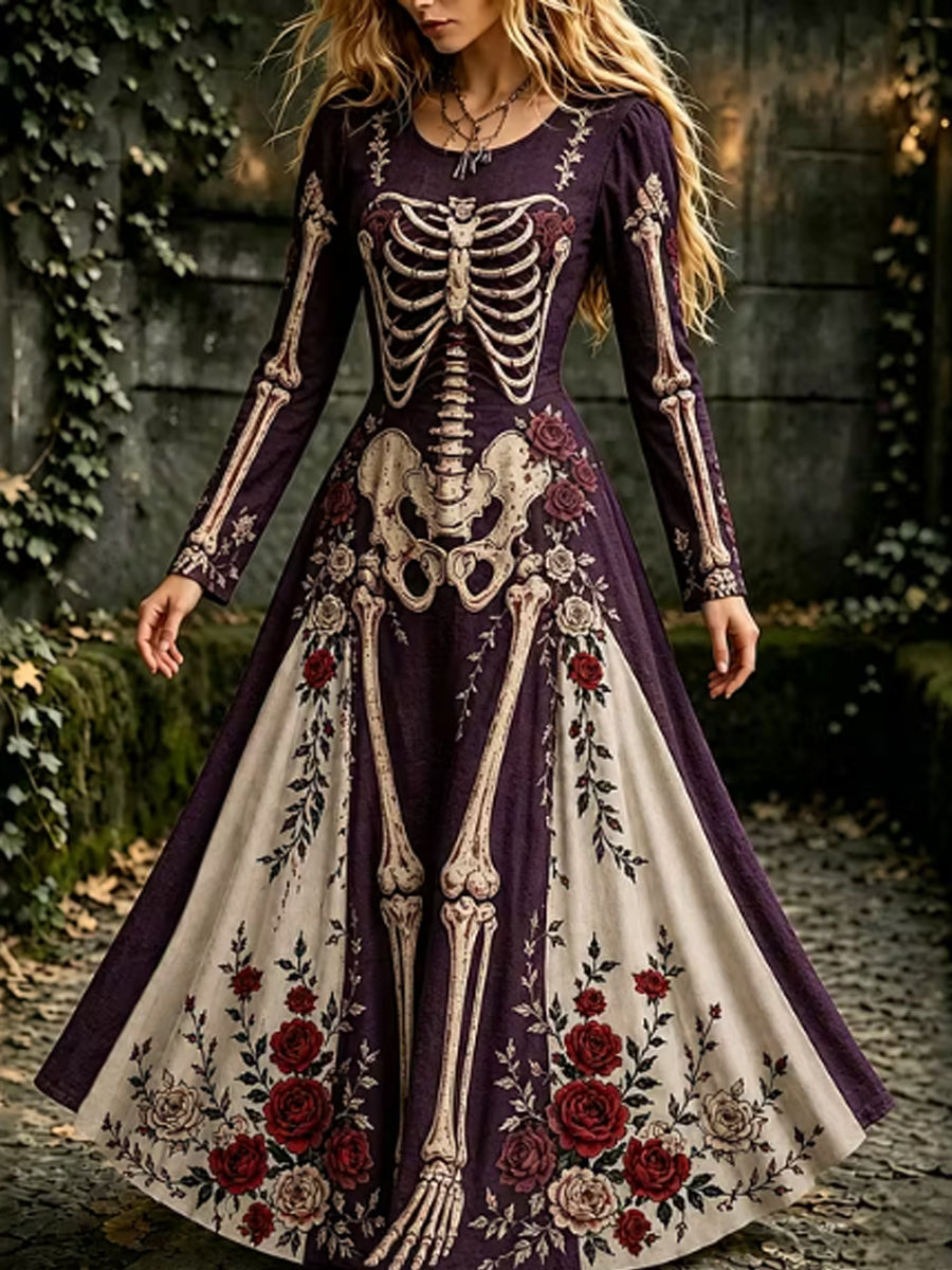 Vestido maxi de manga larga con esqueleto gótico y floral de Halloween para mujer