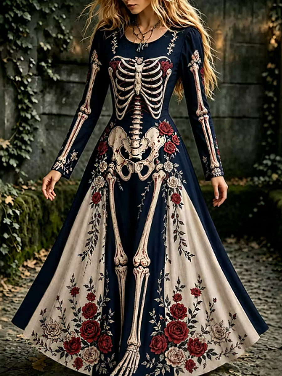 Vestido maxi de manga larga con esqueleto gótico y floral de Halloween para mujer