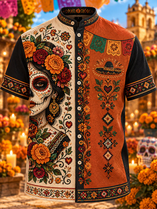 Camisa de manga corta para hombre con estampado del Día de los Muertos de México